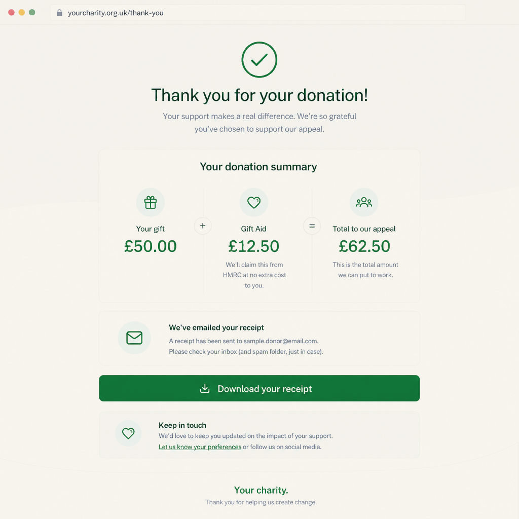 A proper receipt the moment the gift succeeds. Gift Aid is shown on the confirmation, and the receipt is emailed to the donor automatically.