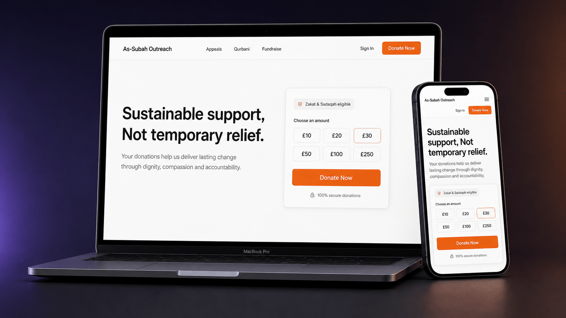 Charity donation platform on desktop and mobile